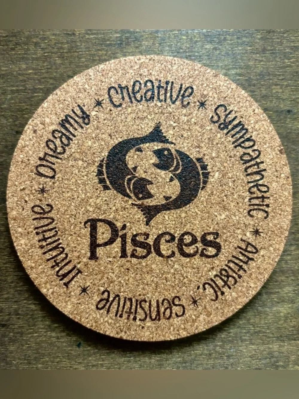 Pisces Zodiac Sign Encircled Laser Engraved Cork Coaster
